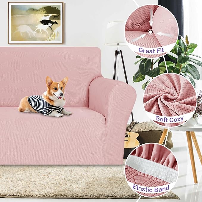 ZNSAYOTX Super Stretch Sofa Cover (72"-92"), New Striped Sofa Covers Fitted Slipcovers with Elastic Bottom, Dog Cat Pets Proof Spandex Washable Fabric Comfortable & Durable (Rose, Sofa)