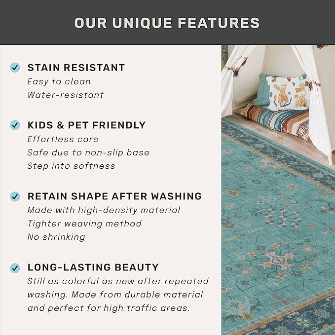 Washable 5x8 Teal Rug for Living Room, Boho Area Rugs for Bedroom Under Bed, Modern Floral Low-Pile Non Skid Carpet for Dining Room Under Table, Stain Resistant Vintage Home Décor