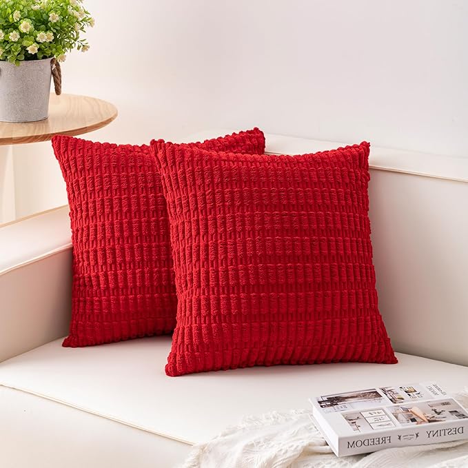 Pack of 2 Christmas Red Corduroy Decorative Throw Pillow Covers 16x16 Inch Soft Striped Pillow Covers Modern Farmhouse Home Decor for Sofa Living Room Couch Bed（Red）