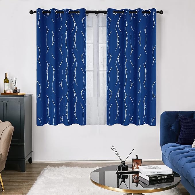 Deconovo Blackout Curtains, 52 x 63 Inch Drapes for Living Room with Wave Dots Silver Print, Soundproof Thermal Insulated Window Curtain for Bedroom Nursery, Set of 2, Machine Washable, Royal Blue
