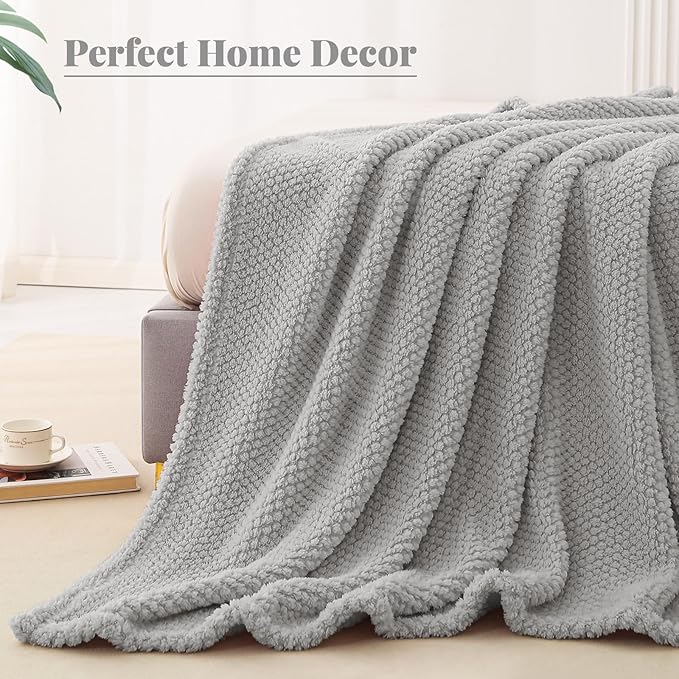 Whale Flotilla King Size Fuzzy Fleece Blanket for Bed, 90x104 Inch Fluffy Warm Soft Jacquard Blankets for All Season, Lightweight and Cozy, Light Grey