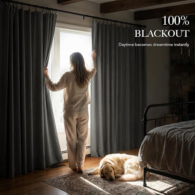 RYB HOME 100% Blackout Linen Textured Curtains 108 inches Long, Thermal Insulating Privacy Energy Saving for Bedroom Living Room Window Office Theater Baby Nursery, W 52 x L 108 in, Grey, 2 Panels