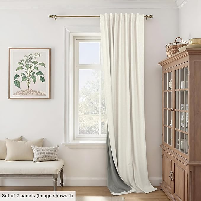Total Blackout Linen Curtains 80 Inches Long for Bedroom Thick Thermal Rustic Country Lightweight Black Out Curtain for Living Room Window Drape Ivory Cream Colored Back Tab 2 Panels Wide 60x80 Length