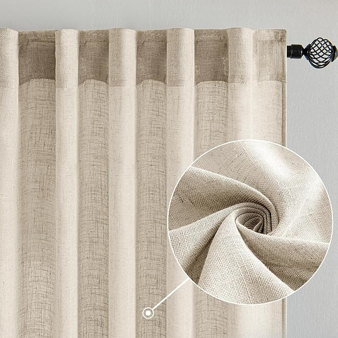 MIULEE Beige Linen Curtains 72 Inch Length 2 Panels for Bedroom Living Room, Soft Linen Textured Window Drapes Semi Sheer Light Filtering Back Tab Rod Pocket Farmhouse Modern Burlap Look Decor