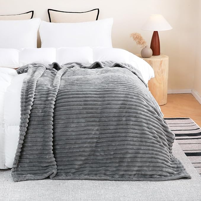 Grey Fleece Throw Blanket 60”×80” for Couch Sofa Bed,Super Soft Cozy Plush Microfiber Flannel Blanket with Stripes Design Lightweight for Adults,Woman,Girls