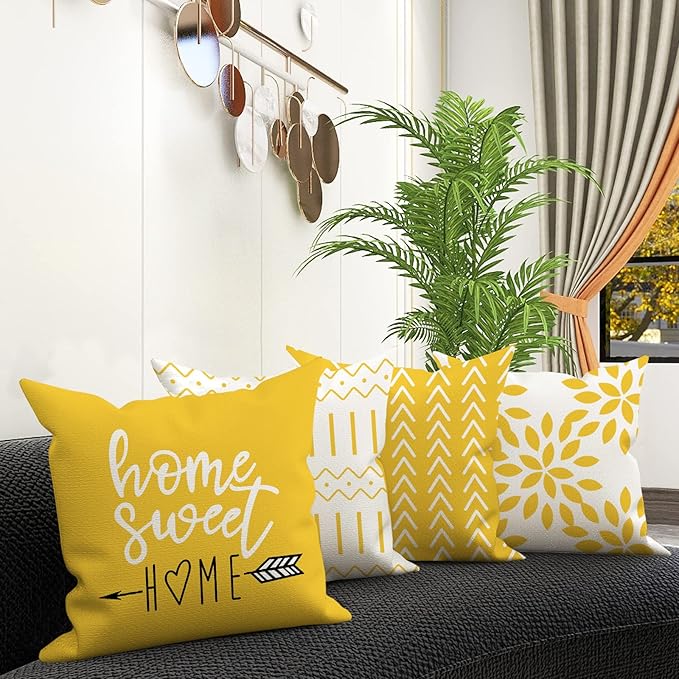 YCOLL Pillow Covers 22x22 Set of 4, Modern Sofa Throw Pillow Cover, Decorative Outdoor Linen Fabric Pillow Case for Couch Bed Car, Yellow