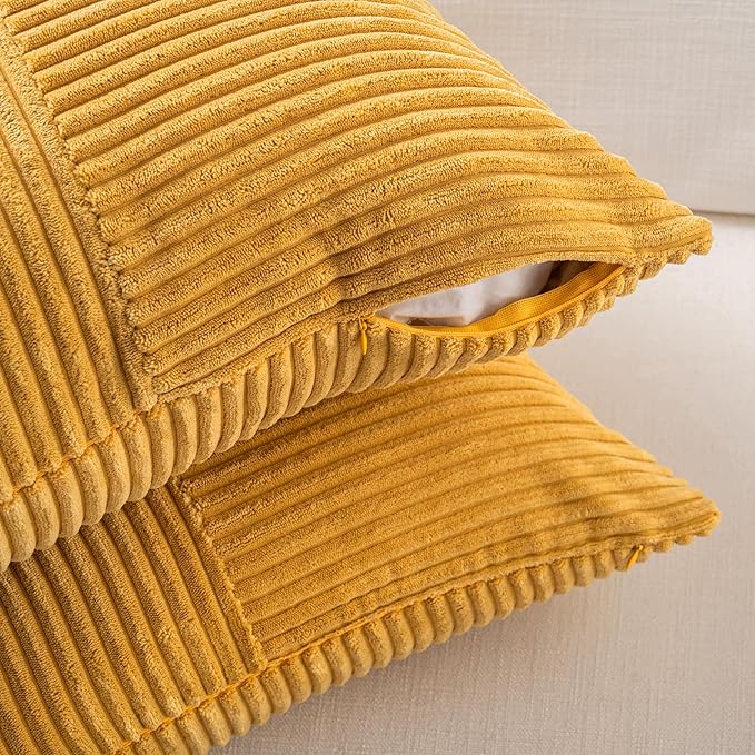 Fancy Homi 2 Packs Gold Yellow Lumbar Decorative Throw Pillow Covers 16x32 Inch for Couch Bed Sofa, Rustic Farmhouse Boho Spring Home Decor, Soft Striped Corduroy Rectangle Accent Cushion Case 40x80cm