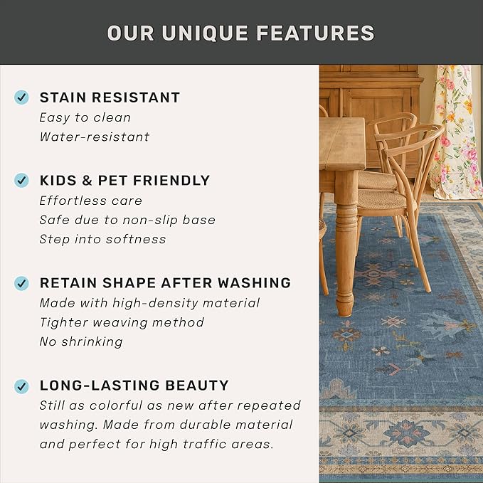 Boho 7x9 Living Room Rugs - Modern Dark Blue Dining Room Rug for Under Table, Lightweight Washable Foldable Low Pile Carpet, Eclectic Floral Bedroom Décor Aesthetic