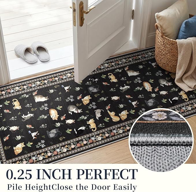 2x10 Washable Hallway Runner Rug - Soft Low Pile Floral Animal Cat Print Rugs with Non-Slip Backing Waterproof Stain-Resistant Indoor Carpet for Kitchen Entryway Bathroom Bedroom (Black)