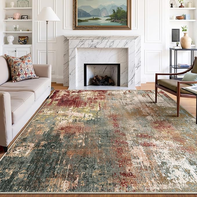 Washable Area Rugs 5'x8' Non-Slip Modern Abstract Soft for Living Room Entryway Bedroom Nursery, Print Pattern, Brown Rust Red Green Blue Multi