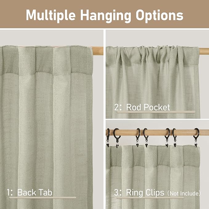 LAMIT 95 Inches Long Sage Grey Linen Curtains for Living Room, Back Tab and Rod Pocket Semi Sheer Curtains Light Filtering Farmhouse Drapes for Bedroom/Dining Room, Set of 2, 52 x 95 Inch
