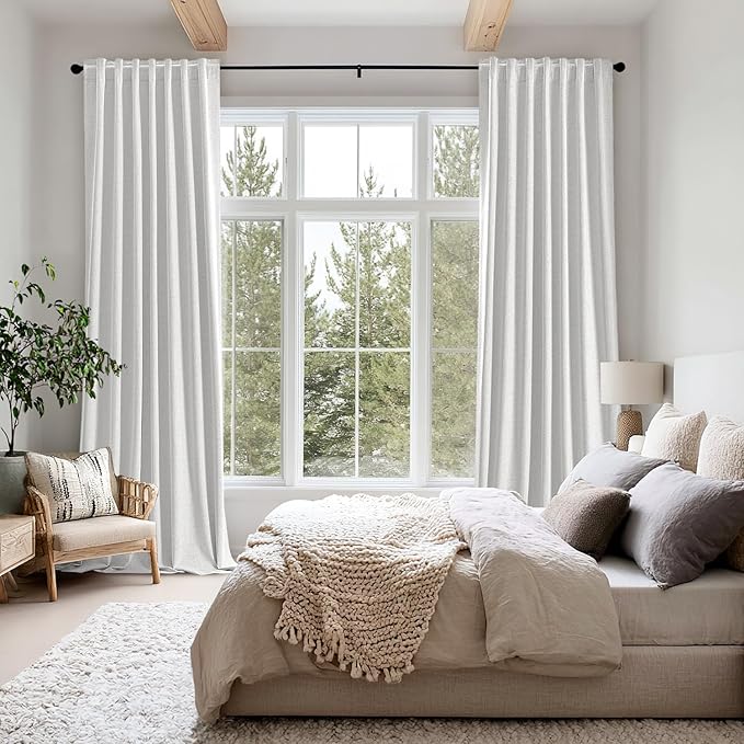 MIULEE 100% Blackout Linen Curtains for Bedroom, Heathered White Solid Luxury Decor Thermal Insulation Room Darkening Drapes for Living Room Nursery Back Tab Rod Pocket 42 x 96 Inches, 2 Panels