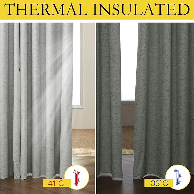 NICETOWN Grey Full Shade Room Warming Linen Curtain Panels 84 inches Long, Pair of Energy Smart & Noise Blocking Out Blackout Drapes for Guest Room Window, Thermal Insulated Lined Window Dressing