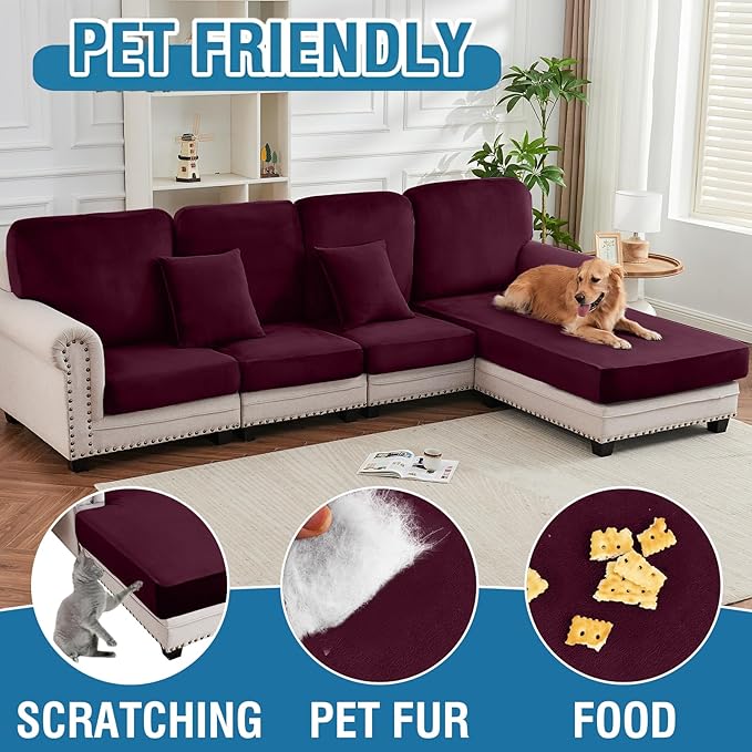 Couch Cover Stretch Velvet Sofa Cushion Cover 1-Piece - Elastic Washable Slipcover for Seat or Backrest, Couch Seat Covers for Sofas (Wine)