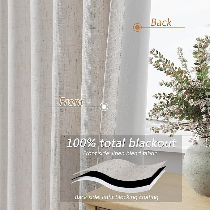 Guken Light Beige 100% Blackout Curtains 84 Inch Long 2 Panels Set for Living Room Bedroom Back Tab Room Darkening Winter Thermal Insulated Netural Black Out Linen Drapes Window Curtain, 52x84