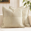MIULEE Decorative Throw Pillow Covers for Couch Bed Livingroom 20x20 Inch Set of 2 Cream Boho Accent Throw Pllows Broadside Striped Patchwork Soft Corduroy Pillowcases
