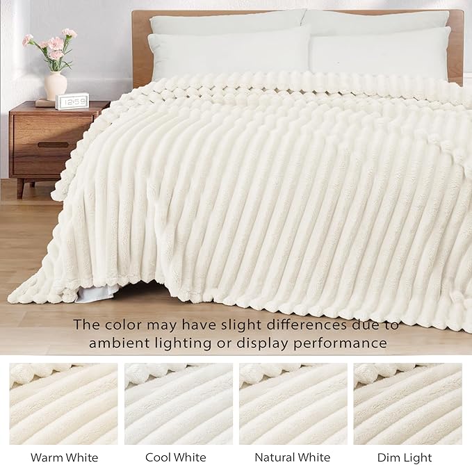 Exclusivo Mezcla King Size Flannel Fleece Blanket, Super Soft Striped Jacquard Bed Blanket, Lightweight Fuzzy Cozy for All Seasons, 90x104 Inches, Ivory