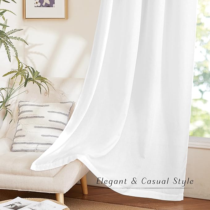 NICETOWN Thick Linen 120 inch Curtains for Living Room, Grommet Privacy Added Linen Burlap with Light Filtering Window Treatments for Bedroom/Living Room, White, W55 x L120, 2 Panels