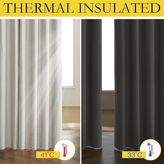 NICETOWN Snowbound Vintage Linen 100% Blackout Curtains for Kitchen, Thermal Insulated Curtains 63" Long, Noise Reducing Window Treatment Drapes for Dorm Room, 62" Wide Per Panel, Set of 2