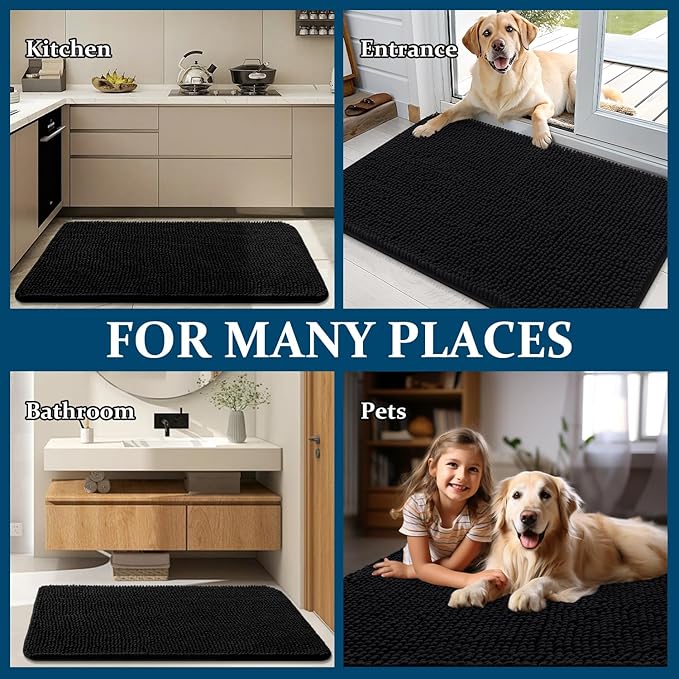 OLANLY Dog Door Mat for Muddy Paws 30x17, Absorbs Moisture and Dirt, Absorbent Non-Slip Washable Doormat, Quick Dry Chenille Mud Mat for Dogs, Entry Indoor Entryway Carpet for Inside Floor, Black
