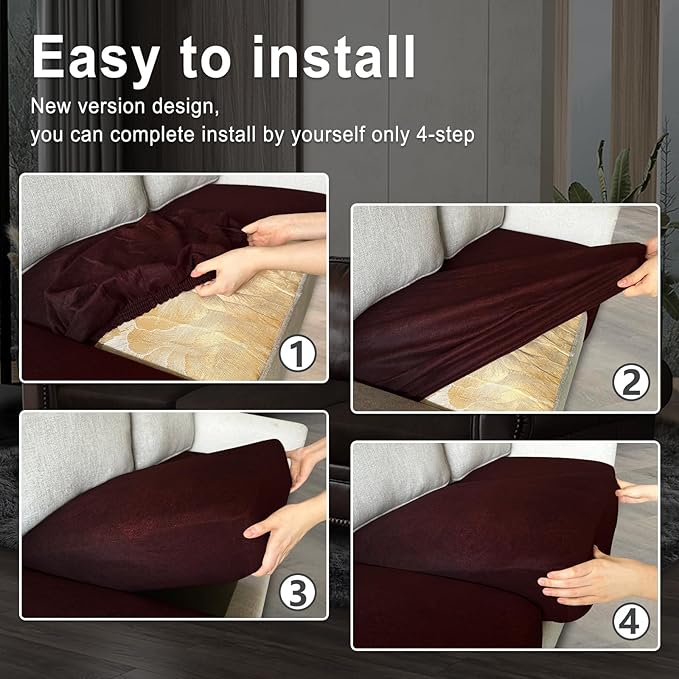 Leather Look Couch Cushion Covers Sofa Seat Slipcovers Sets Couches Furniture Protector for Sectional Armchair Loveseat Pets Kids Stretch Spandex Fabric (3 Cushion Sofa, Burgundy)