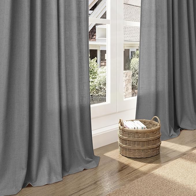 Nanspring Dark Gery Linen Curtains 63 Inches Length for Living Room Back Tab Pocket Light Filtering Semi Sheer 2 Panels Set Drapes Neutral Farmhouse Cotton Linen Textured Window Curtain 52X63 Inch