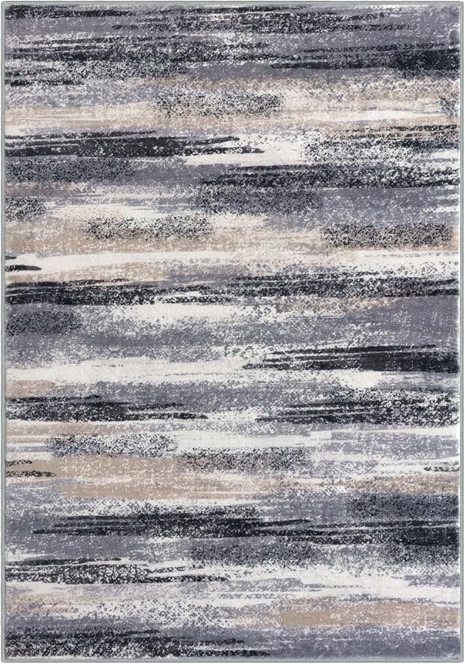 Lansny Modern Abstract 9x12 Large Machine Washable Living Room Rug Non-Slip Soft Bedroom Area Rug Grey Black Multi Ultra Thin Print Faux Wool Carpet Throw Rugs for Nursery Playroom Dining Room Indoor