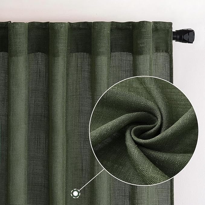 MIULEE Olive Green Linen Curtains 108 Inches Long for Bedroom Living Room, Soft Thick Linen Textured Window Drapes Semi Sheer Light Filtering Back Tab Rod Pocket Christmas Decor, 2 Panels