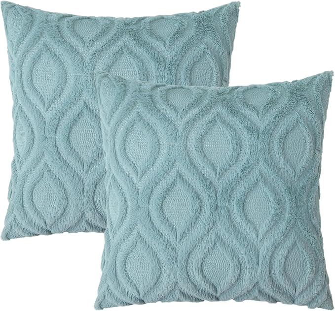 decorUhome Summer Throw Pillow Covers 24x24 Inch Set of 2, Soft Plush Faux Wool Aqua Solid Couch Pillow Covers, Accent Euro Sham Farmhouse Neutral Square Pillow Cases for Sofa Bed Living Room