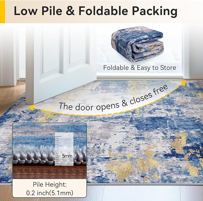 Washable Area Rugs 6'x8' Non-Slip Modern Abstract Soft for Living Room Entryway Bedroom Nursery, Print Pattern, Grey Blue Gold/Golden