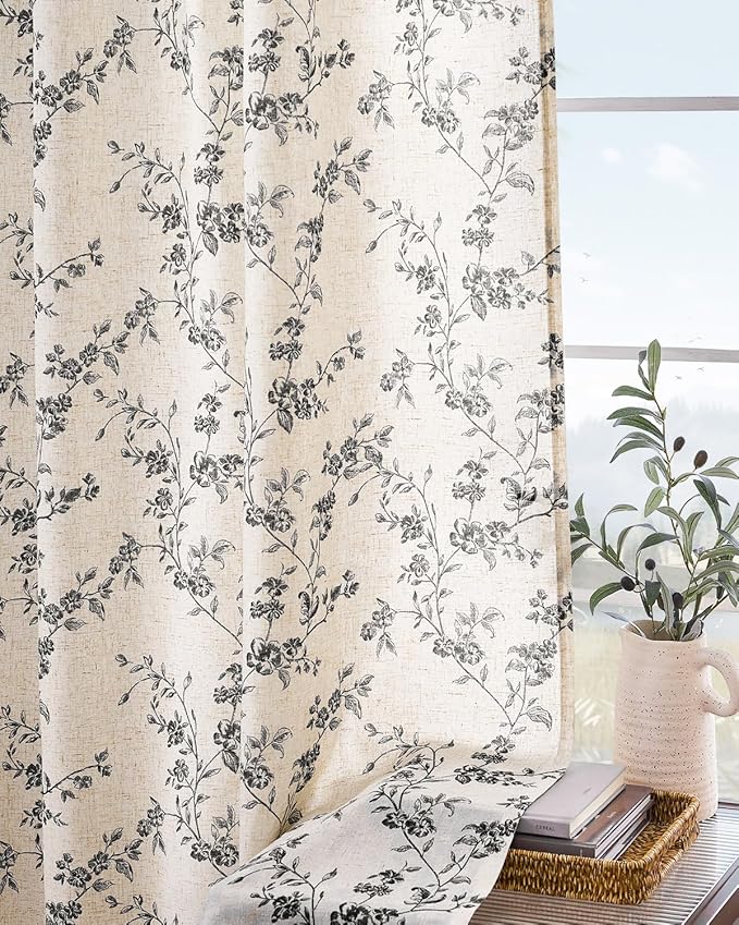 Lazzzy Black Floral Linen Curtains 63 Inch Farmhouse Back Tab Drapes for Living Room Bedroom Light Filtering Vintage Grandmillennial Rod Pocket Curtains, 2 Panels, W38 x L63, Black on Beige