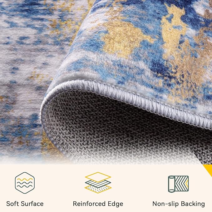 Washable Area Rugs 3x6 Non-Slip Modern Abstract Soft for Living Room Entryway Bedroom Nursery, Print Pattern, Grey Blue Gold/Golden