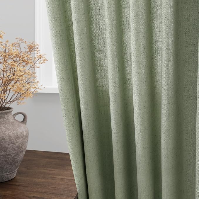 Nanspring Light Sage Linen Curtains 90 Inch Long 2 Panels Set for Bedroom Living Room Light Sage Linen Textured Window Drapes Semi Sheer Light Filtering Rod Pocket Back Tab Farmhouse Curtain 52x90