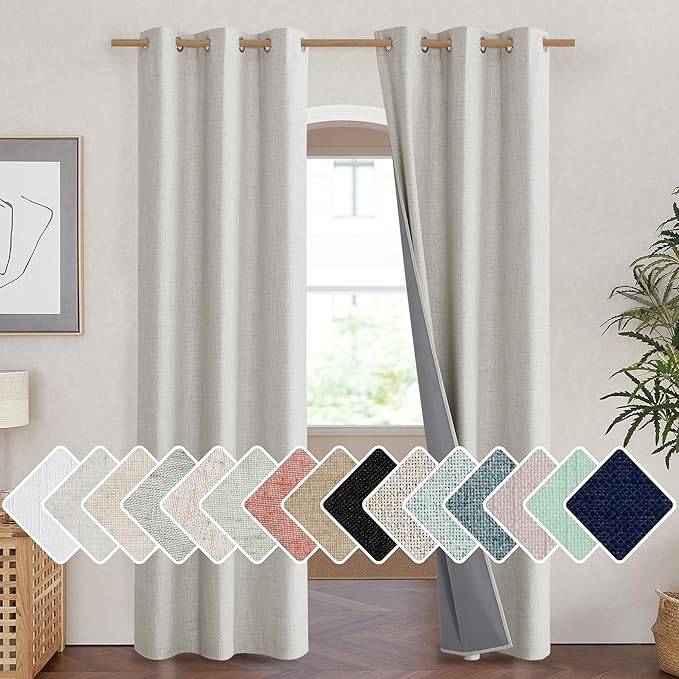 NICETOWN Snowbound Vintage Linen 100% Blackout Curtains for Living Room, Thermal Insulated Curtains 90" Long, Noise Reducing Window Treatment Drapes for Hall Room, 42" Wide Per Panel, Set of 2