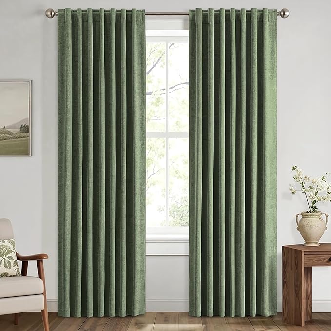 MIULEE 100% Blackout Linen Curtains for Bedroom, Olive Green Solid Luxury Decor Thermal Insulation Room Darkening Drapes for Living Room Nursery Back Tab Rod Pocket 42 x 90 Inches, 2 Panels