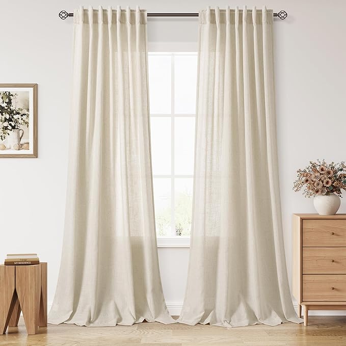 Nanspring Birch Beige Curtains 90 Inches Long for Living Room Linen Light Filtering Semi Sheer Curtain Back Tab Rod Pocket Modern Farmhouse Decor Elegant Coastal Drapes for Bedroom 52x90, 2 Panels