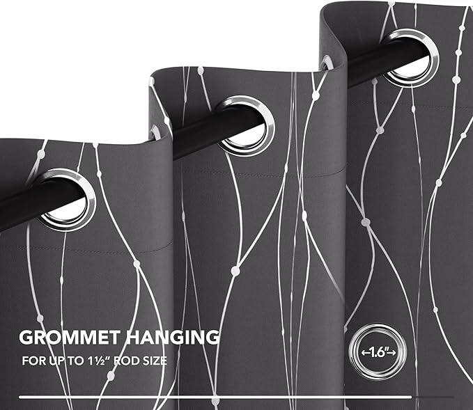 Deconovo Blackout Curtains, Thermal Insulated Noise‑Reducing Grommet Drapes, Wave Line Dot Foil Print, 38 x 63 Inch, 2 Panels, Machine‑Washable Window Curtains for Bedroom Living Room Kitchen Office