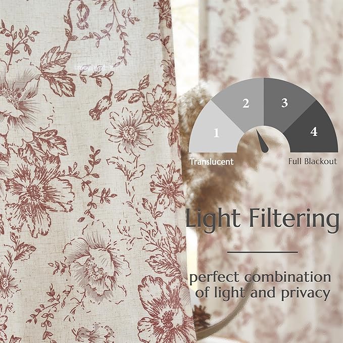 jinchan Linen Blend Curtain Floral Curtains for Living Room 45 Inch Length Farmhouse Brick Red Printed Curtain Rod Pocket Back Tab Peony Flower Patterned Drapes Curtains Set 2 Panels
