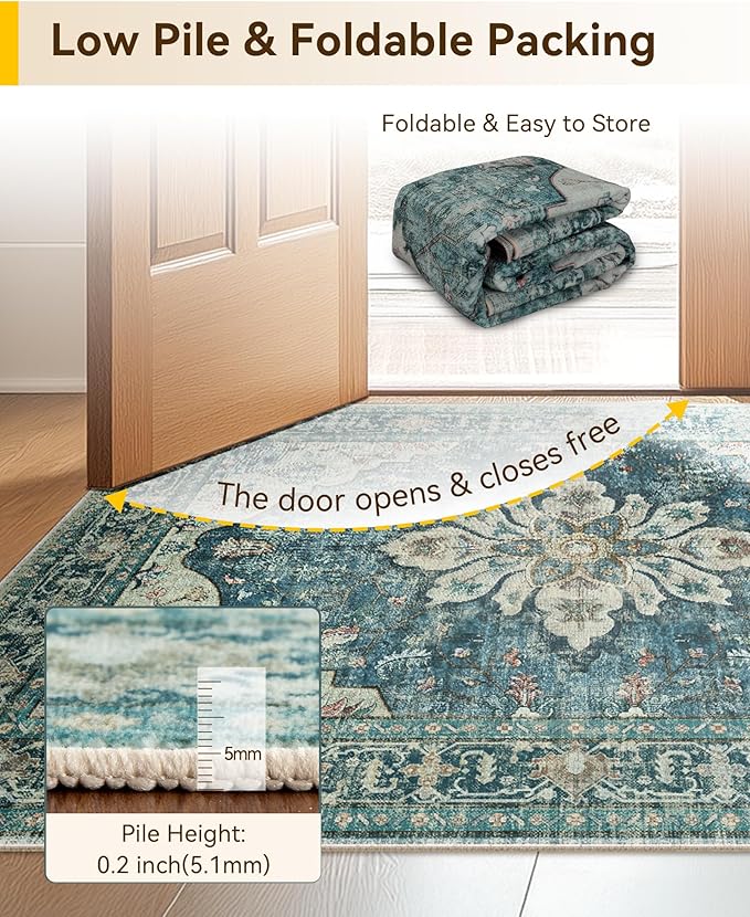 Area Rugs 3'x7' Runner Rug Non Slip Washable for Kitchen Hallway Bedroom Beside Laundry Room Bathroom Rug, Floor Carpet, Dark Blue Vintage