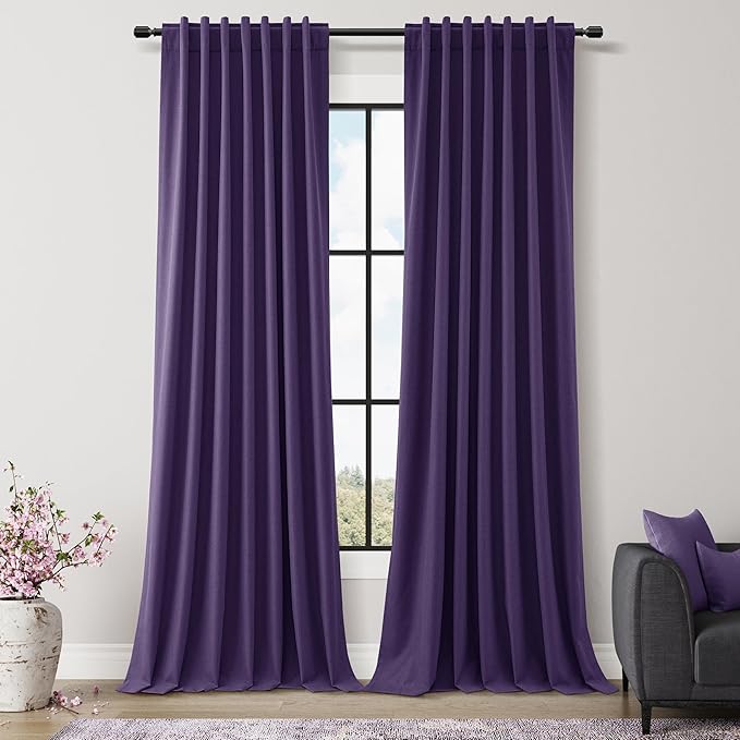 Guken 100% Blackout Curtains 102 Inch Length 2 Panels Set for Living Room Bedroom Back Tab Thermal Insulated Black Out Linen Drapes Room Darkening New Purple,52x102