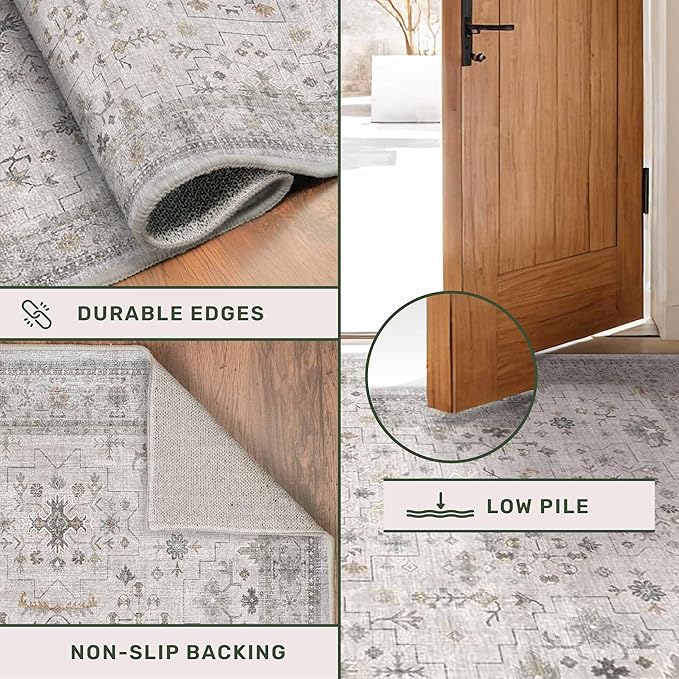 Hazo Haus Floral 3x8 Wide Hallway Runner - Light Gray with Taupe Accent, Boho Eclectic Decor, Washable Low Pile Non Slip Stain Resistant Rug for Long Kitchen, Large Bathroom, Hall Way
