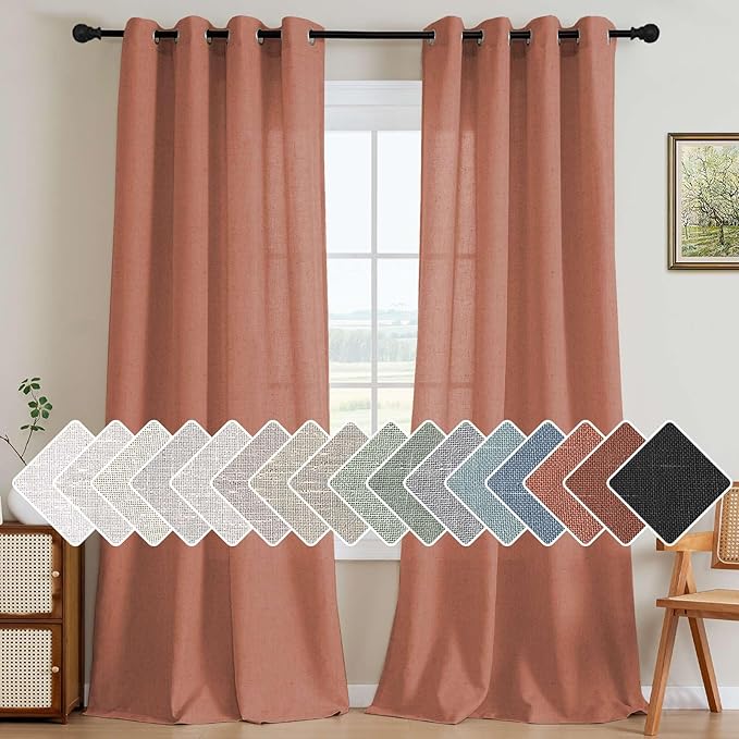 H.VERSAILTEX Linen Curtains Home Decorative Nickel Grommet Semi Sheer Curtains Privacy Added Energy Saving Light Filtering Window Treatments Draperies for Bedroom, Terracotta, 2 Panels, 52 x 96 - Inch