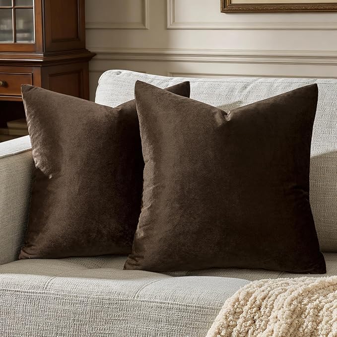 GIGIZAZA Brown Velvet Pillow Covers 24x24,Square Solid Throw Pillow Covers Decorative Modern Pillows Big Vintage Cases for Couch Pack of 2
