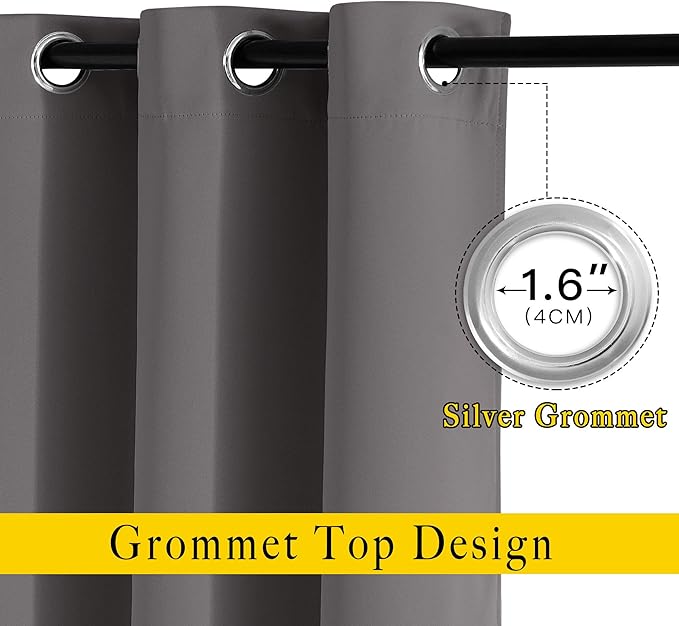 NICETOWN Grey Kitchen Curtains for Windows, Grommet Thermal Insulated Solid Blackout Window Treatments for Cafe, 2 Panels, W52 x L36