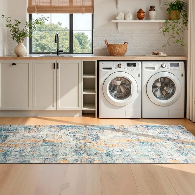 2x6 Rug Runners for Hallways Kitchen Runner Rug Non Slip Washable Blue Long Runner Rugs with Rubber Backing Soft Abstract Carpet Runner for Hallways, Kitchen, Bedroom, Bathroom, Entryway