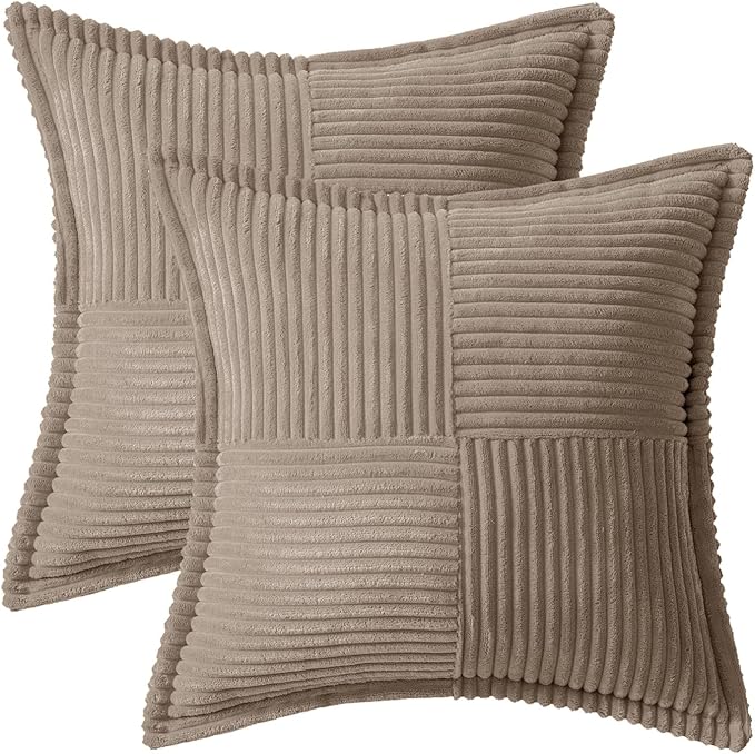 MIULEE Decorative Throw Pillow Covers for Couch Bed Livingroom 20x20 Inch Set of 2 Light Brown Boho Accent Throw Pllows Broadside Striped Patchwork Soft Corduroy Pillowcases