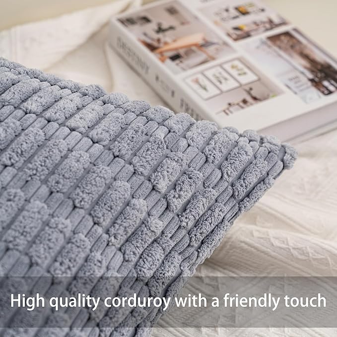 Pack of 2 Corduroy Decorative Throw Pillow Covers 16x16 Inch Soft Striped Pillow Covers Modern Farmhouse Home Decor for Sofa Living Room Couch Bed（Light Grey）