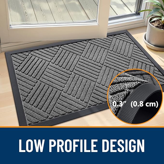 OLANLY Front Door Mat Outside Entrance 35x23, Absorbent, Heavy Duty Sturdy Natural Rubber Doormat Indoor Outdoor, Stain and Fade Resistant, Non-Slip Low Profile Floor Mat for Entryway, Grey Diamond