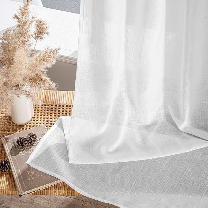 MIULEE White Linen Curtains 95 Inch Long 2 Panels for Bedroom Living Room, Soft Thick Linen Textured Back Tab Window Drapes Semi Sheer Light Filtering Rod Pocket Modern Farmhouse Decor