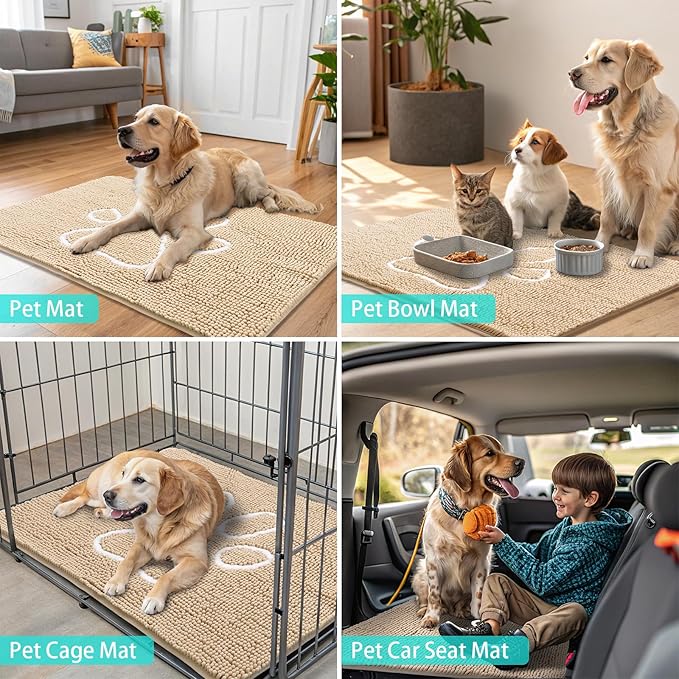 Smiry Dog Door Mat for Muddy Paws, Absorbent Dirt Trapper Non Slip Quick Dry Washable Chenille Mat for Mud Dogs, Entry Rug for Indoor and Outdoor (47x32 Inches, Beige and White)